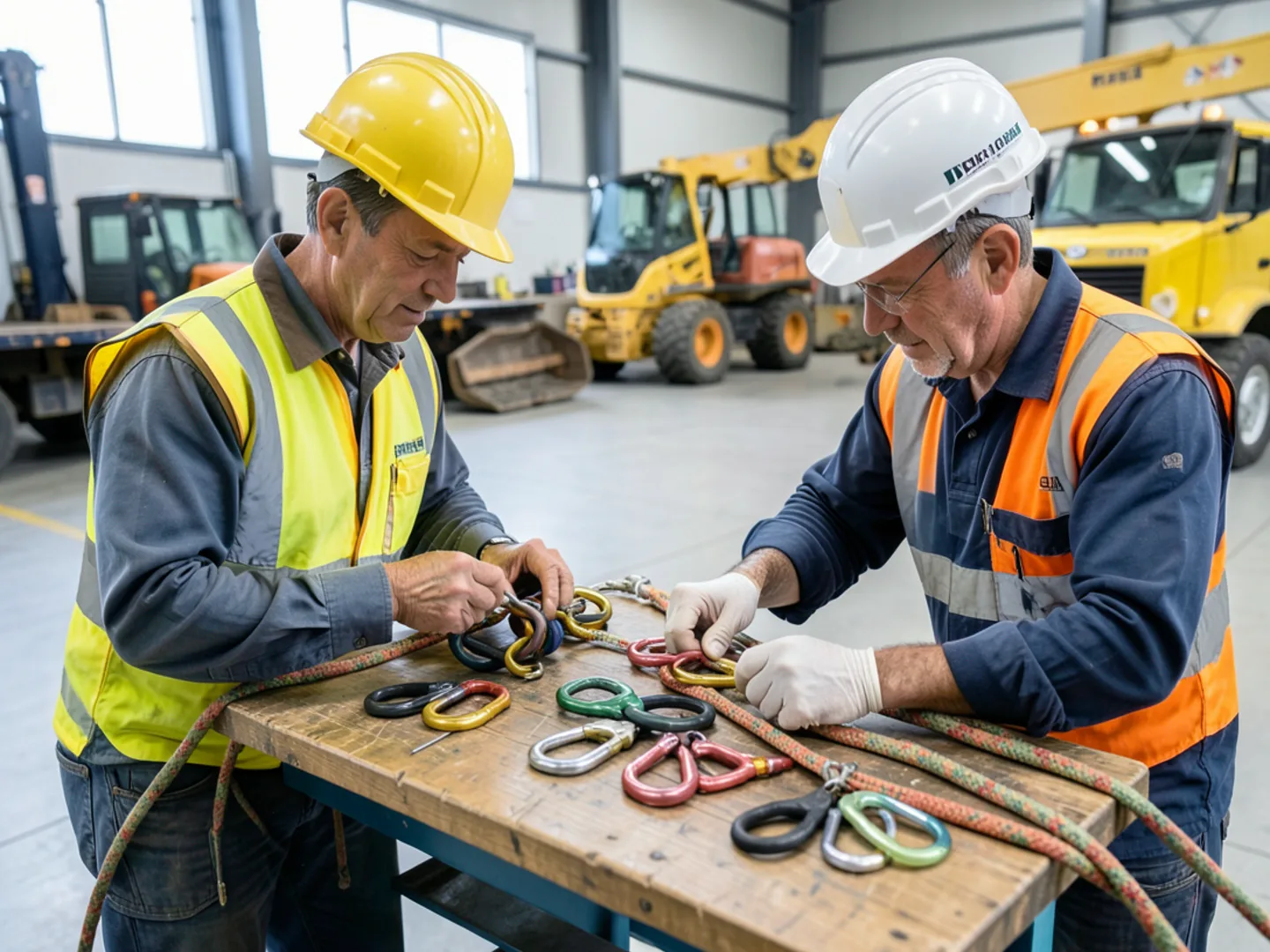 Technician sharpening chainsaw chain and inspecting climbing gear in equipment bay