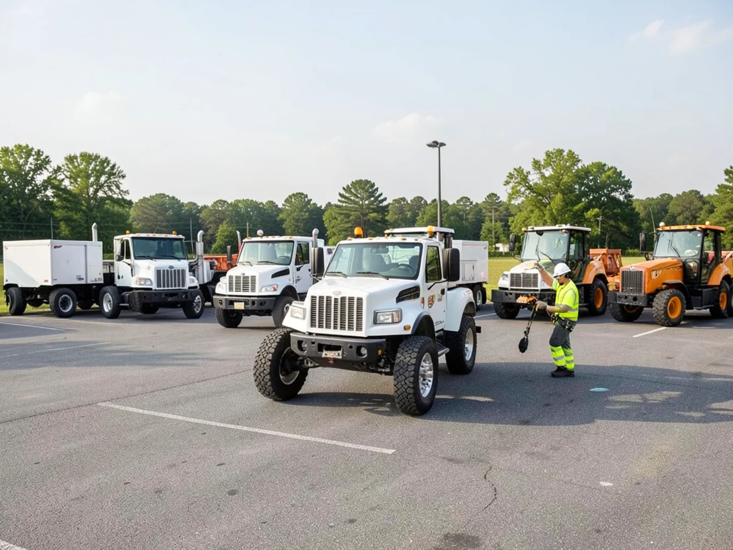 Crew members laying composite ground mats over residential turf in Newnan