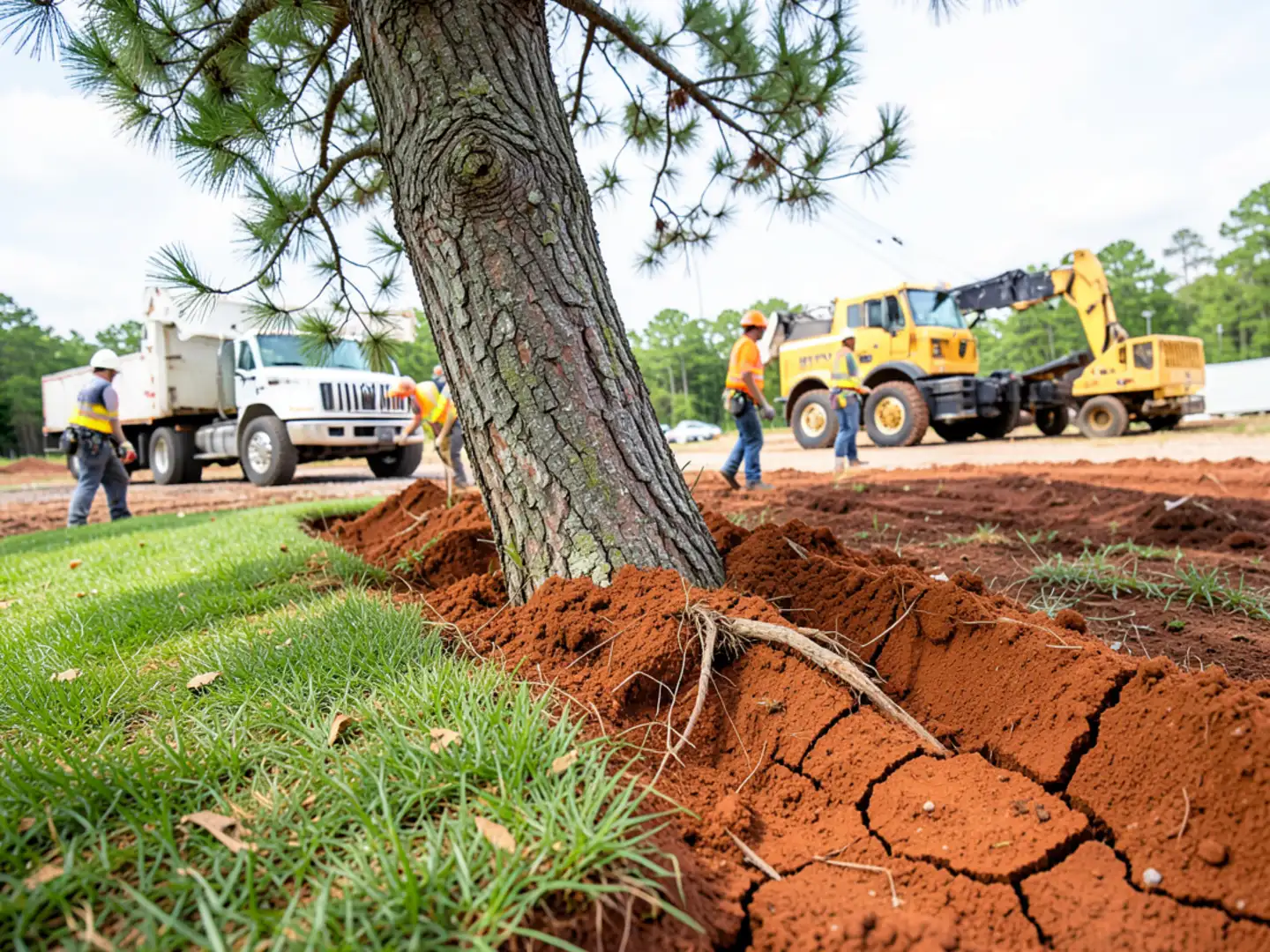 Ground level photo of mounded cracked red clay soil showing root plate lifting