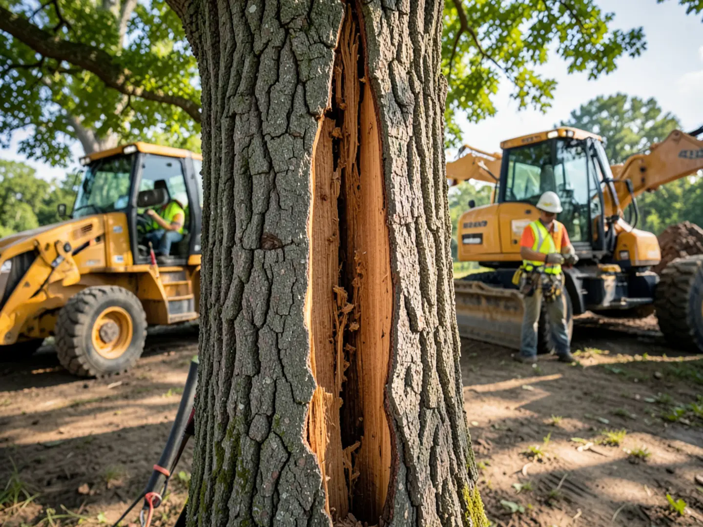 Deep structural vertical crack between two co-dominant hardwood tree trunks