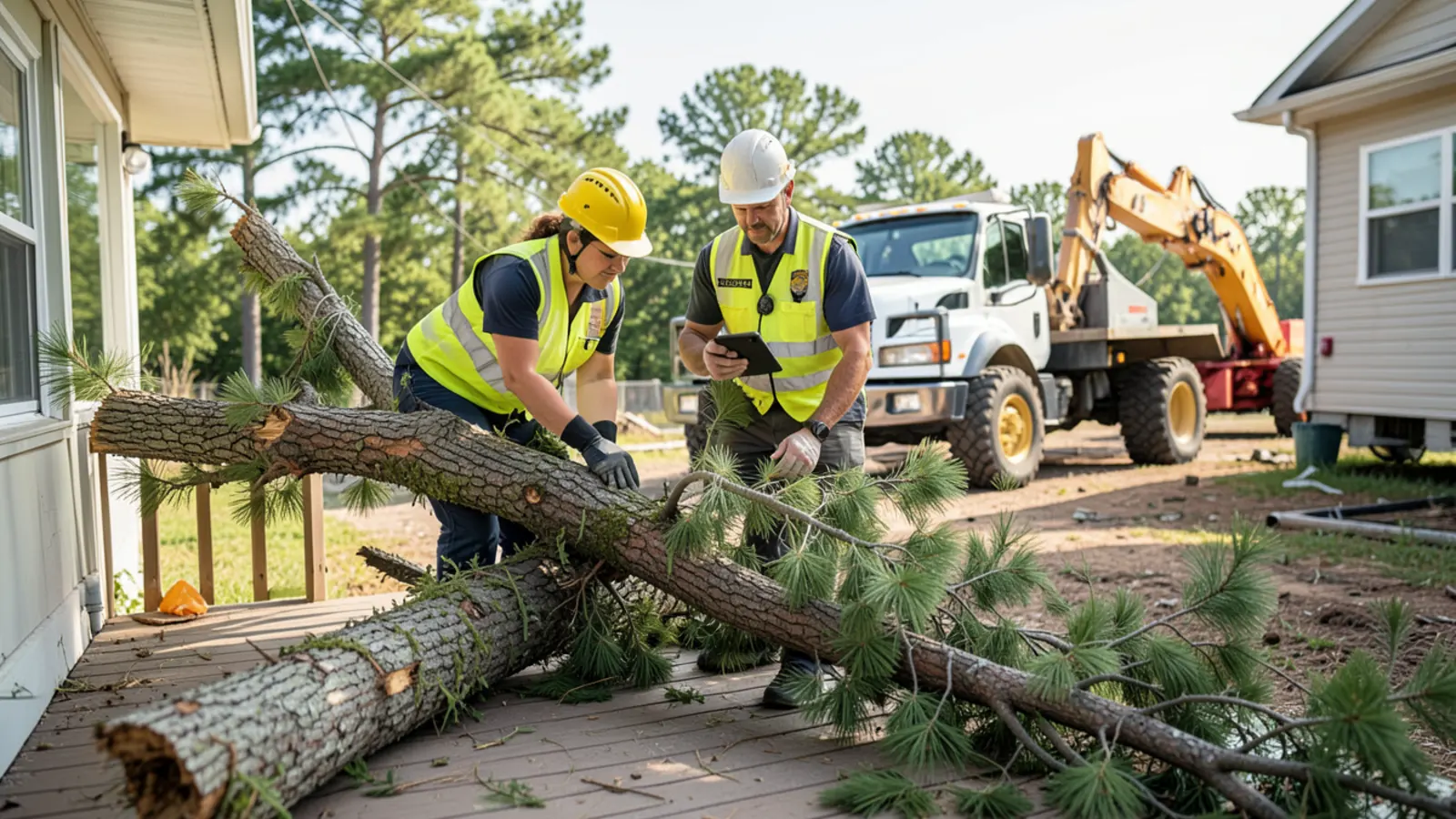 Homeowner and insurance adjuster reviewing storm damaged garage in Georgia