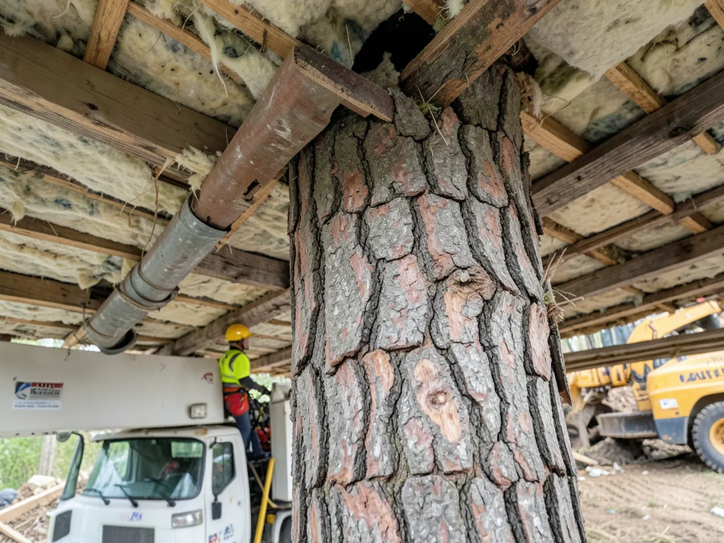 Homeowner safely standing at distance photographing storm tree impact on house