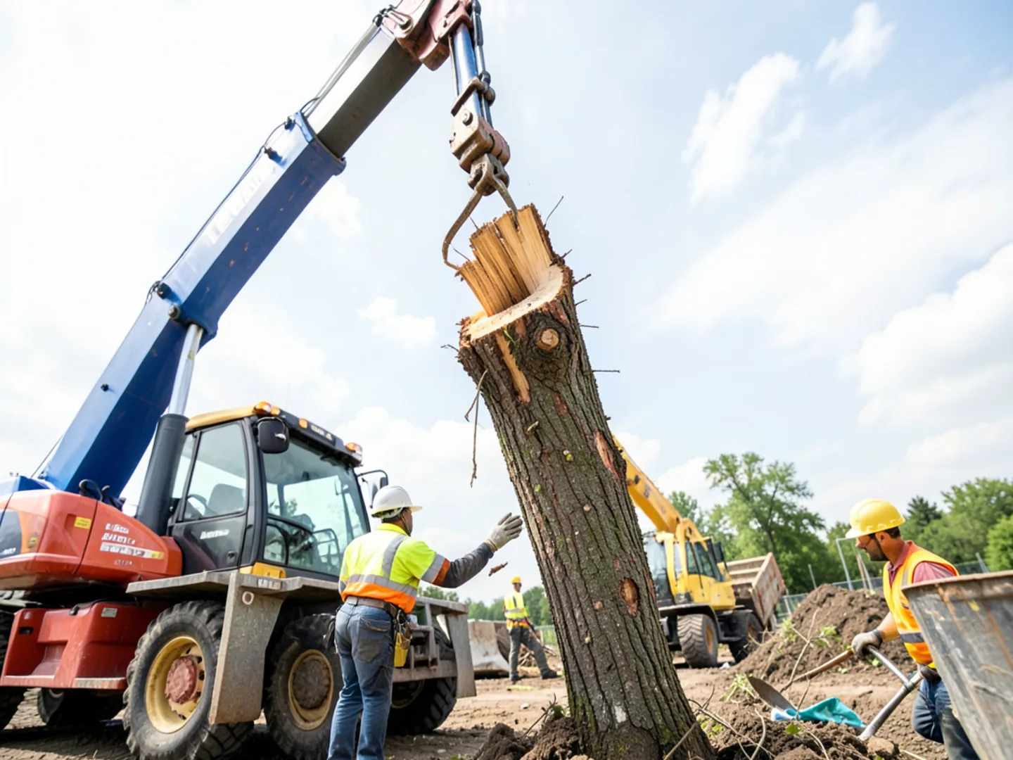 Crane hoisting heavy tree trunk off residential roof without additional punctures