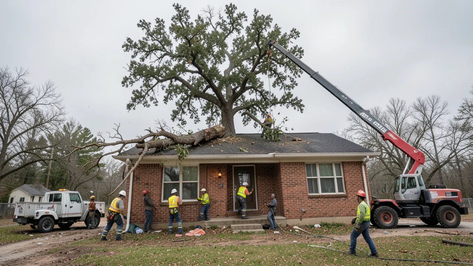 Fallen oak branch on roof of a Coweta County suburban home with safety perimeter