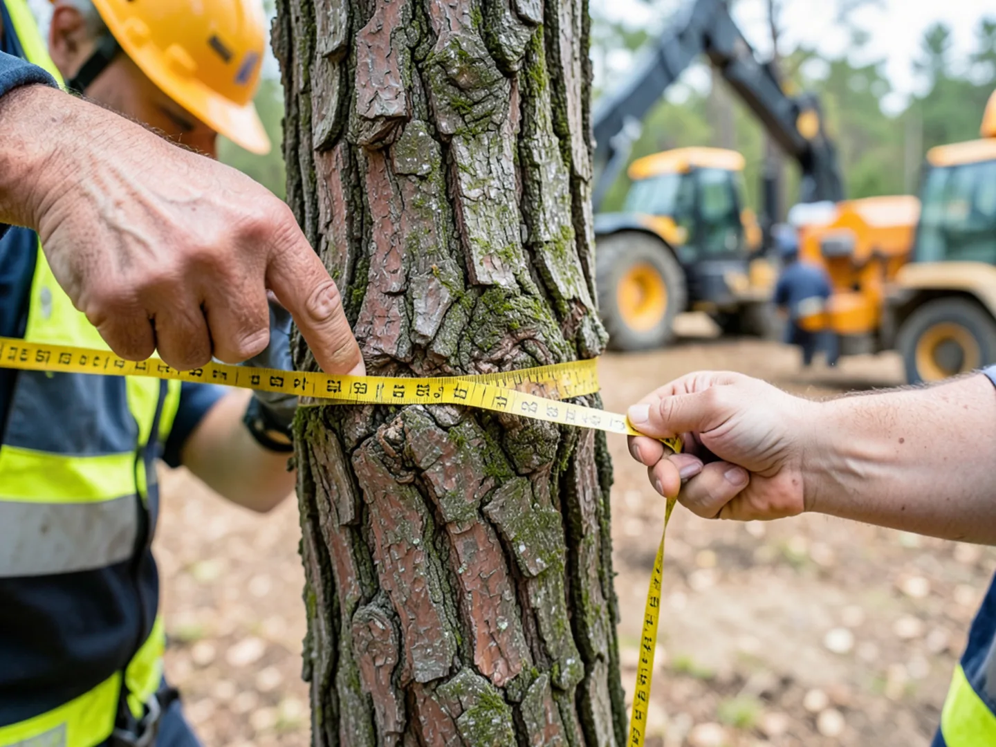 Technician wrapping diameter tape around tree trunk 4.5 feet above soil grade