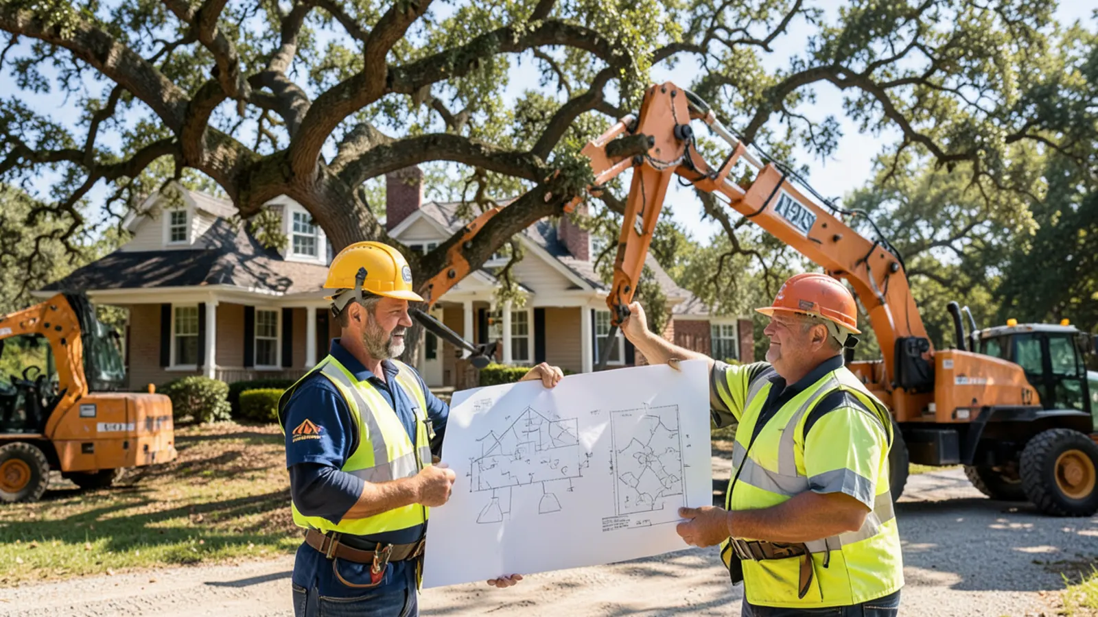 Arborist checking tree trunk diameter with caliper in front of Newnan GA residence