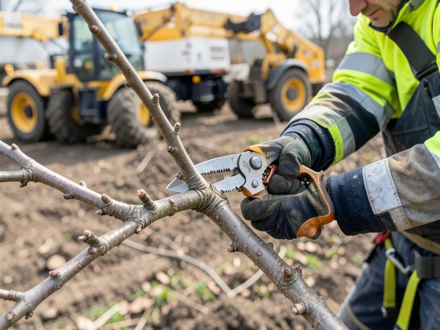 Late winter pruning of bare oak branches before spring bud burst in Georgia