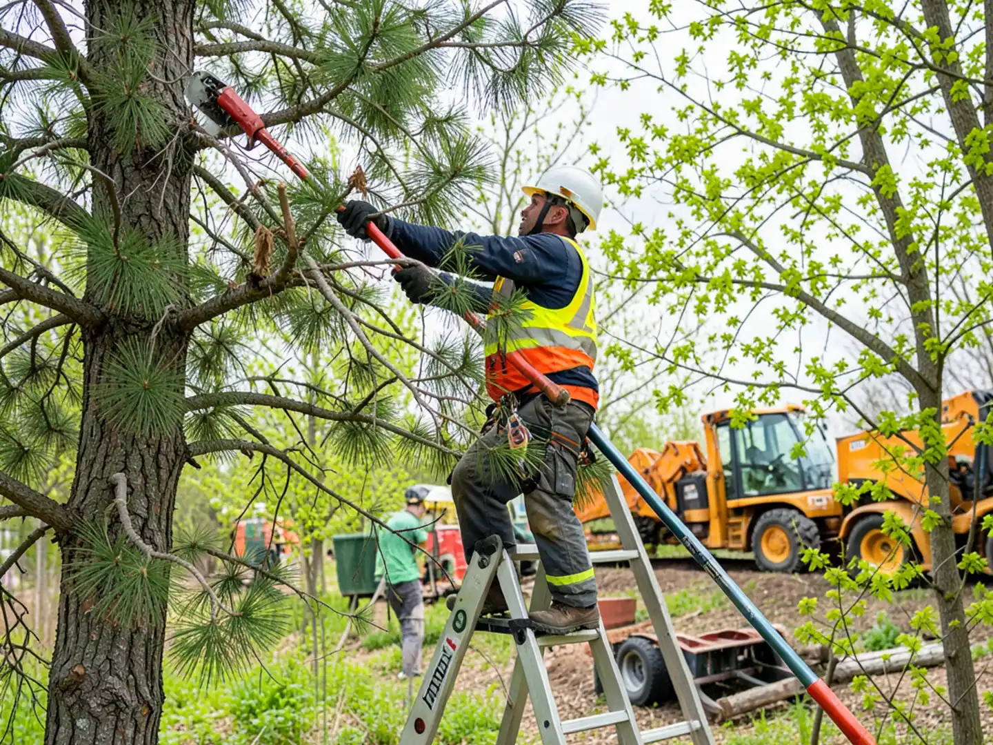 Arborist using binoculars to scan high oak canopy for broken suspended hangers