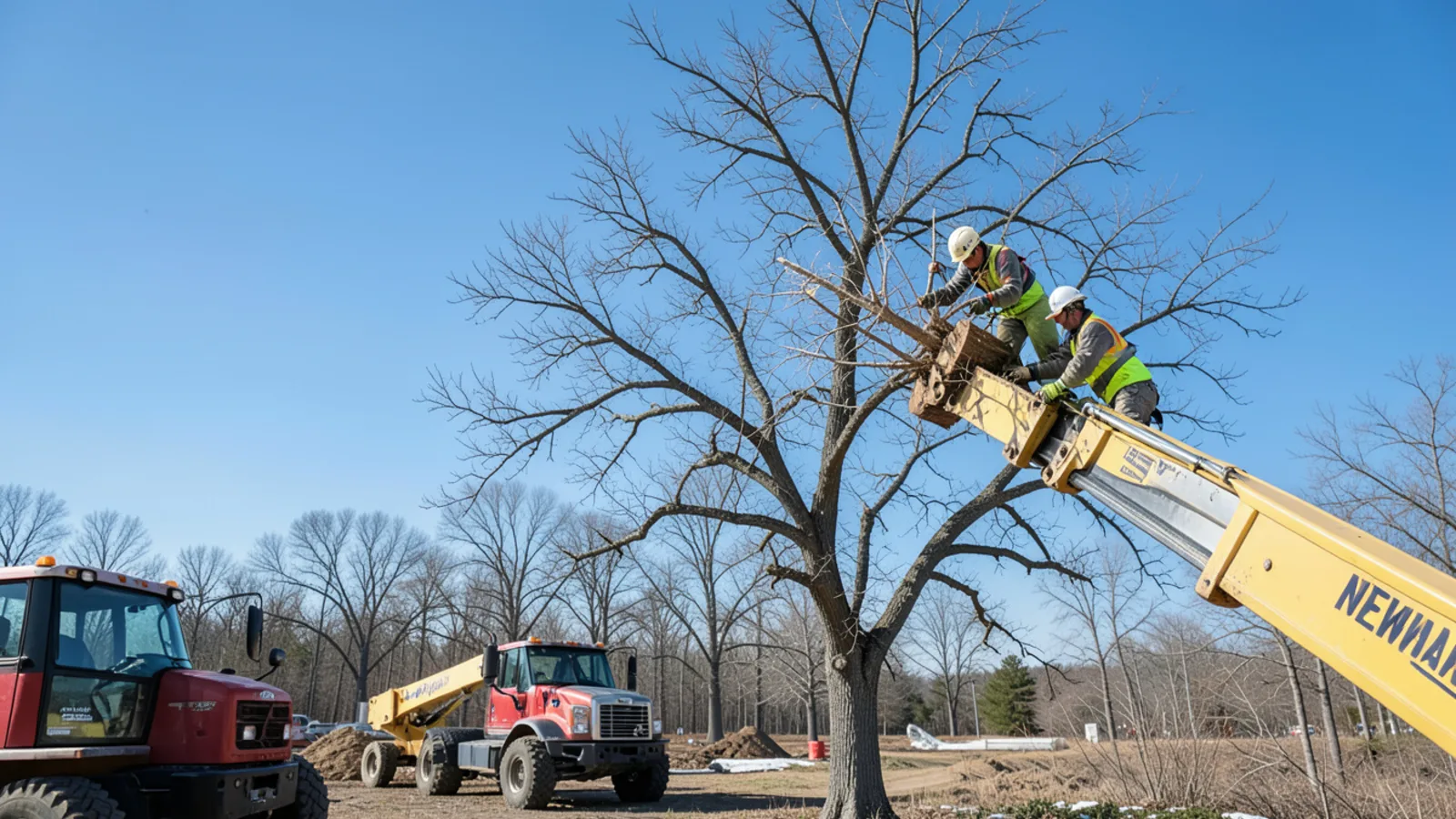 Tree specialist pruning dormant oak branches against clear winter sky in Georgia