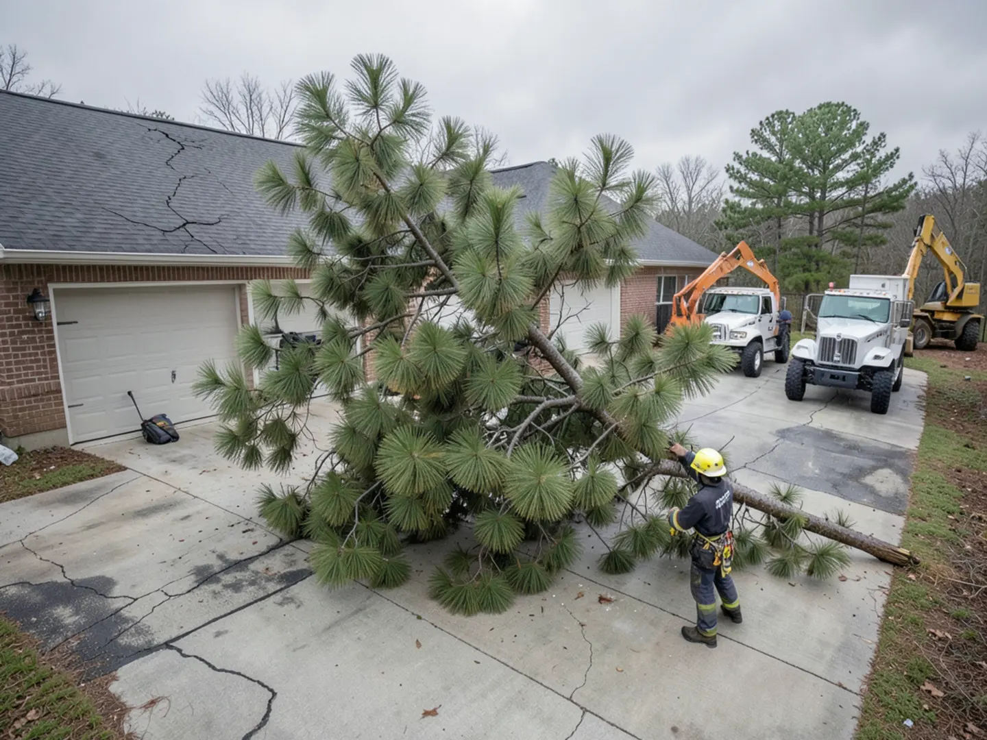 Storm damaged oak tree resting on residential asphalt shingle roof in Coweta County