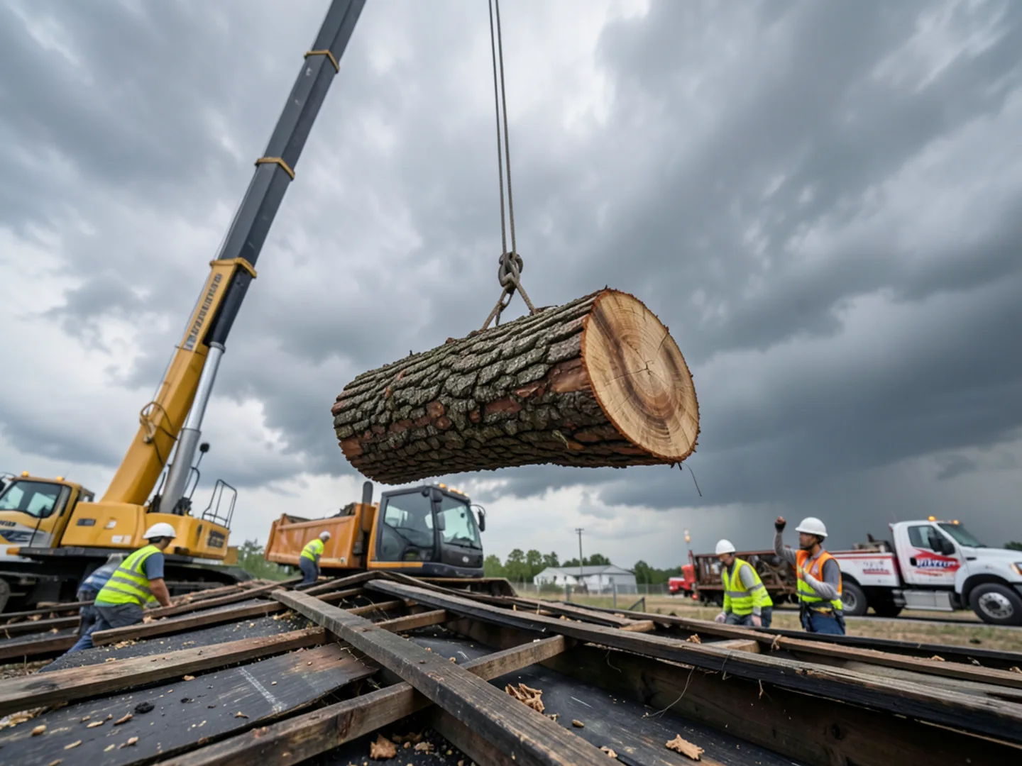 Saw operator performing technical relief cut on storm tree under heavy mechanical tension