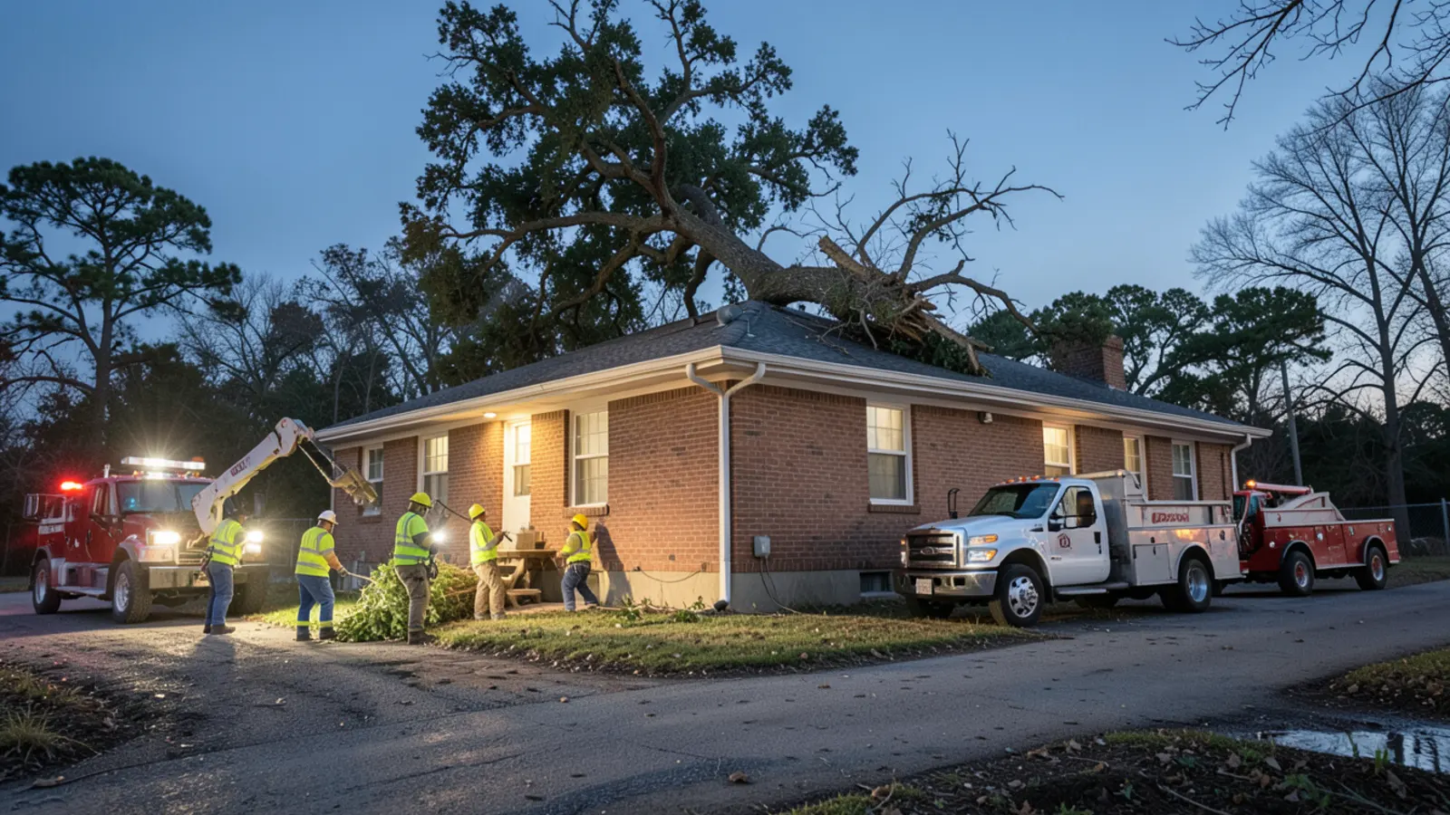 Emergency tree service crew stabilizing fallen oak tree on house roof in Newnan, GA