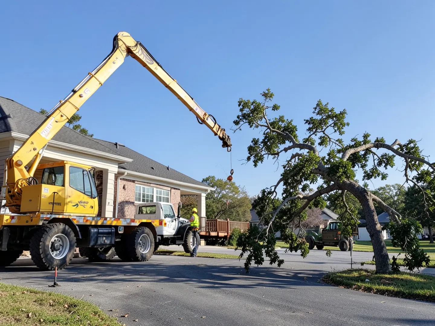 Hydraulic crane lowering heavy loblolly pine trunk section to ground in Coweta County