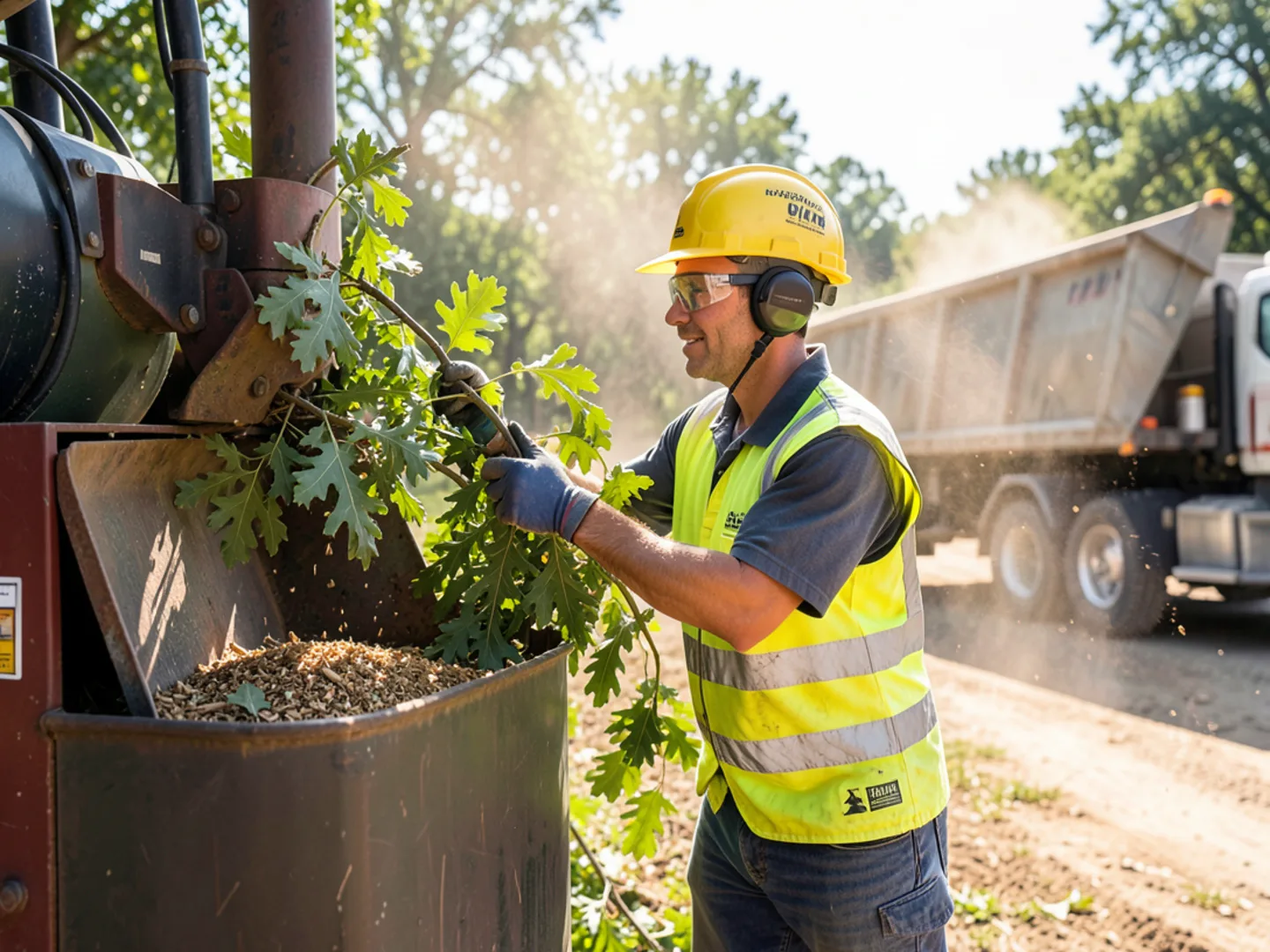 Ground technician safely feeding pruned hardwood branches into commercial wood chipper