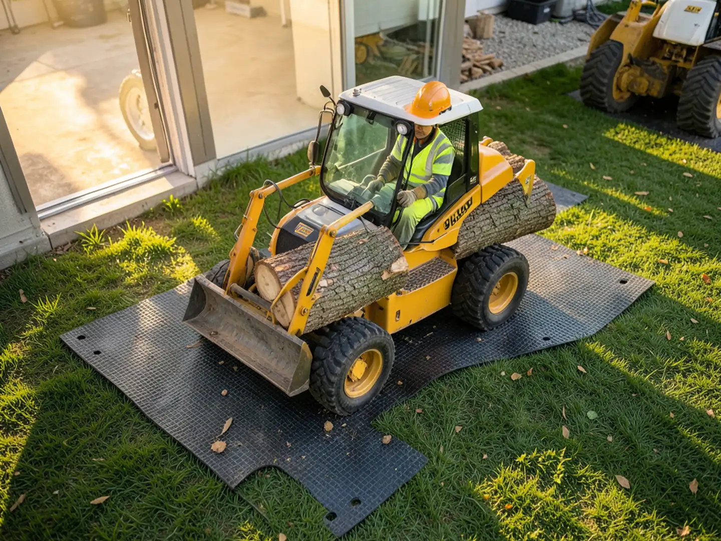 Mini track loader transporting heavy oak log across turf protection mats in yard