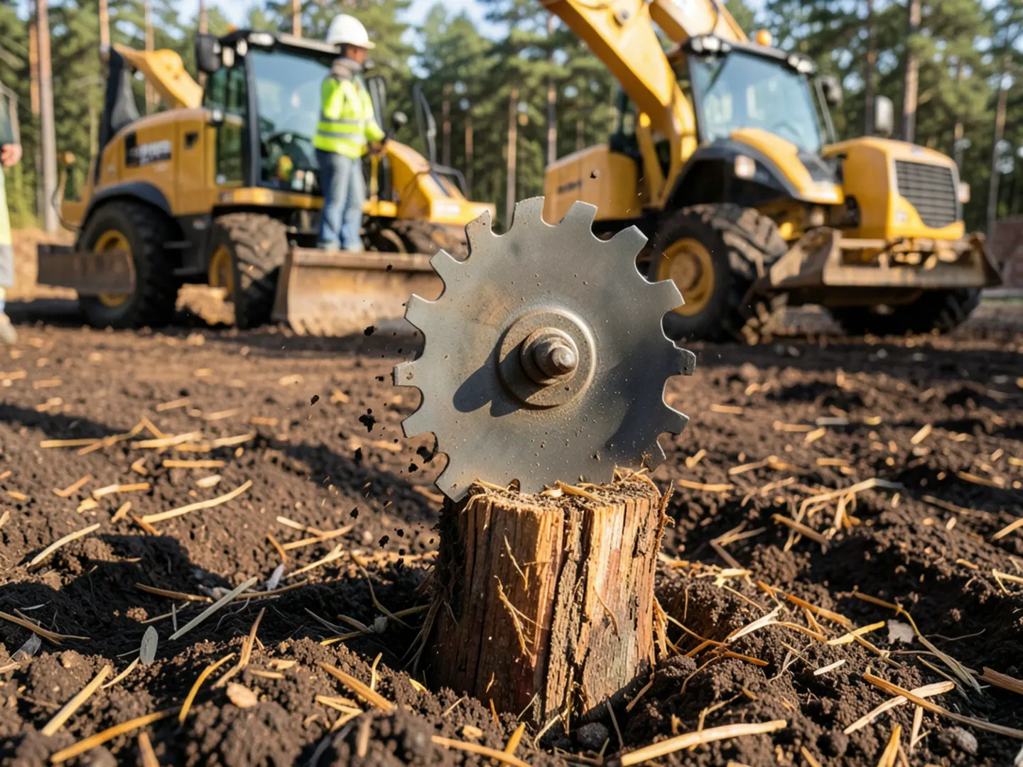 Self-propelled track stump grinder leveling large pine stump in residential front lawn