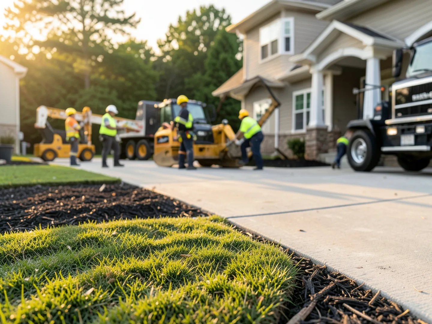 Technicians raking pine needles and cleaning sawdust off concrete driveway in Newnan