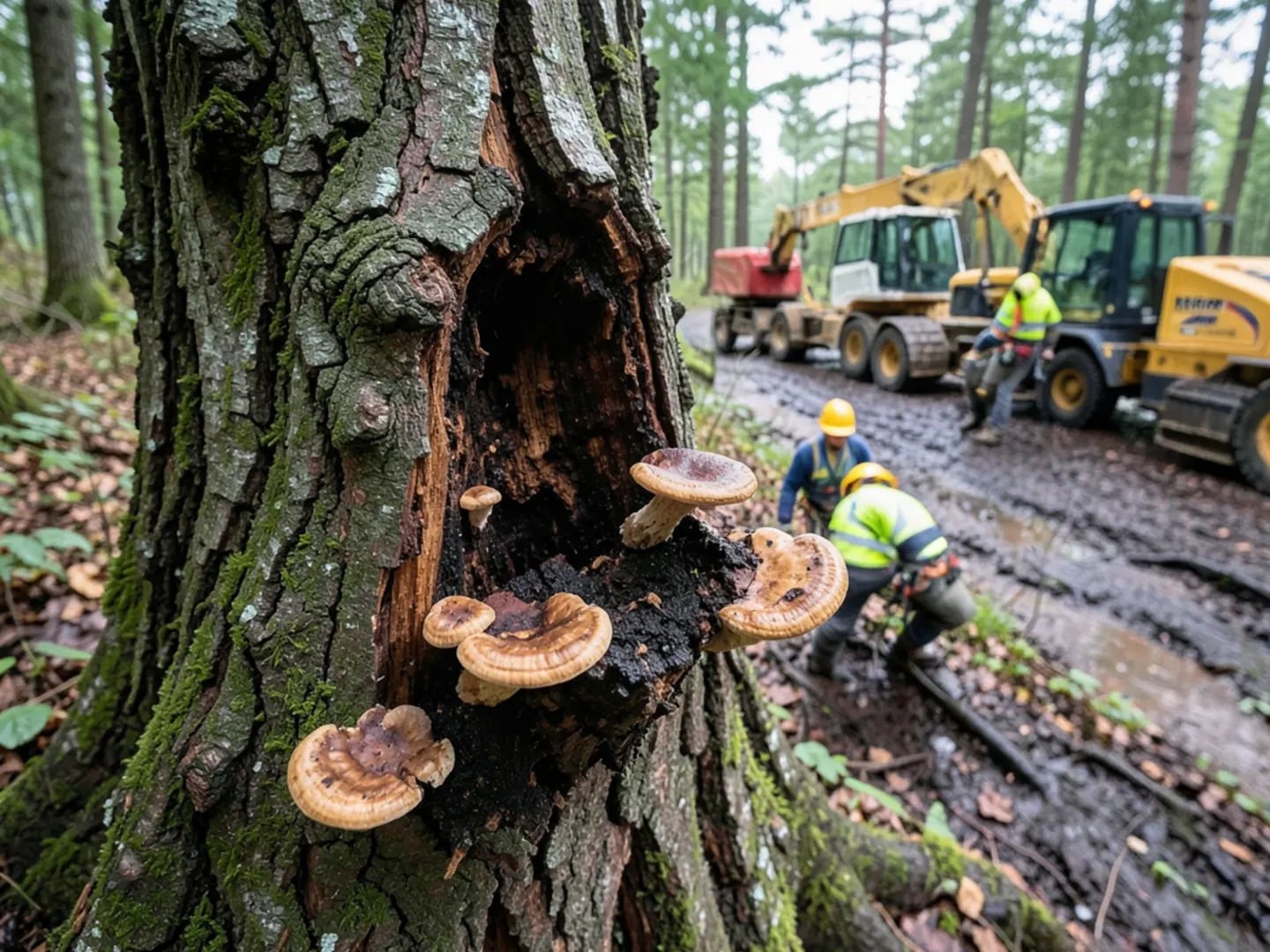 Tree specialist sounding root flare of mature leaning oak to check internal rot