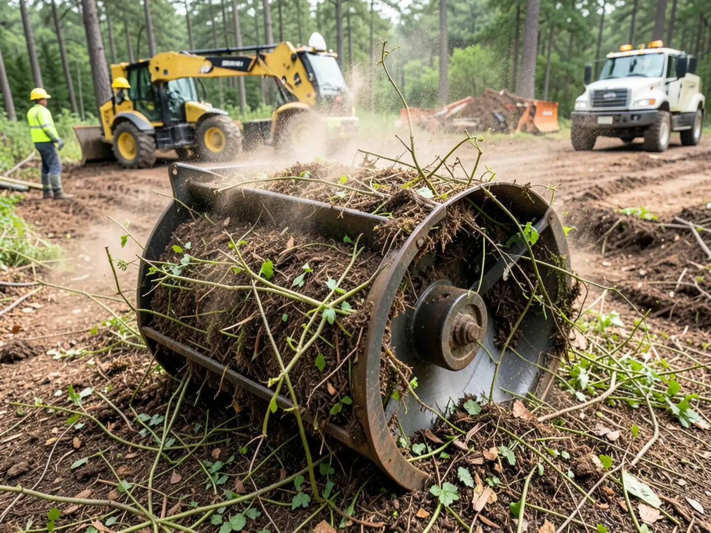 Mulcher clearing invasive scrub while preserving marked mature oak and hickory trees