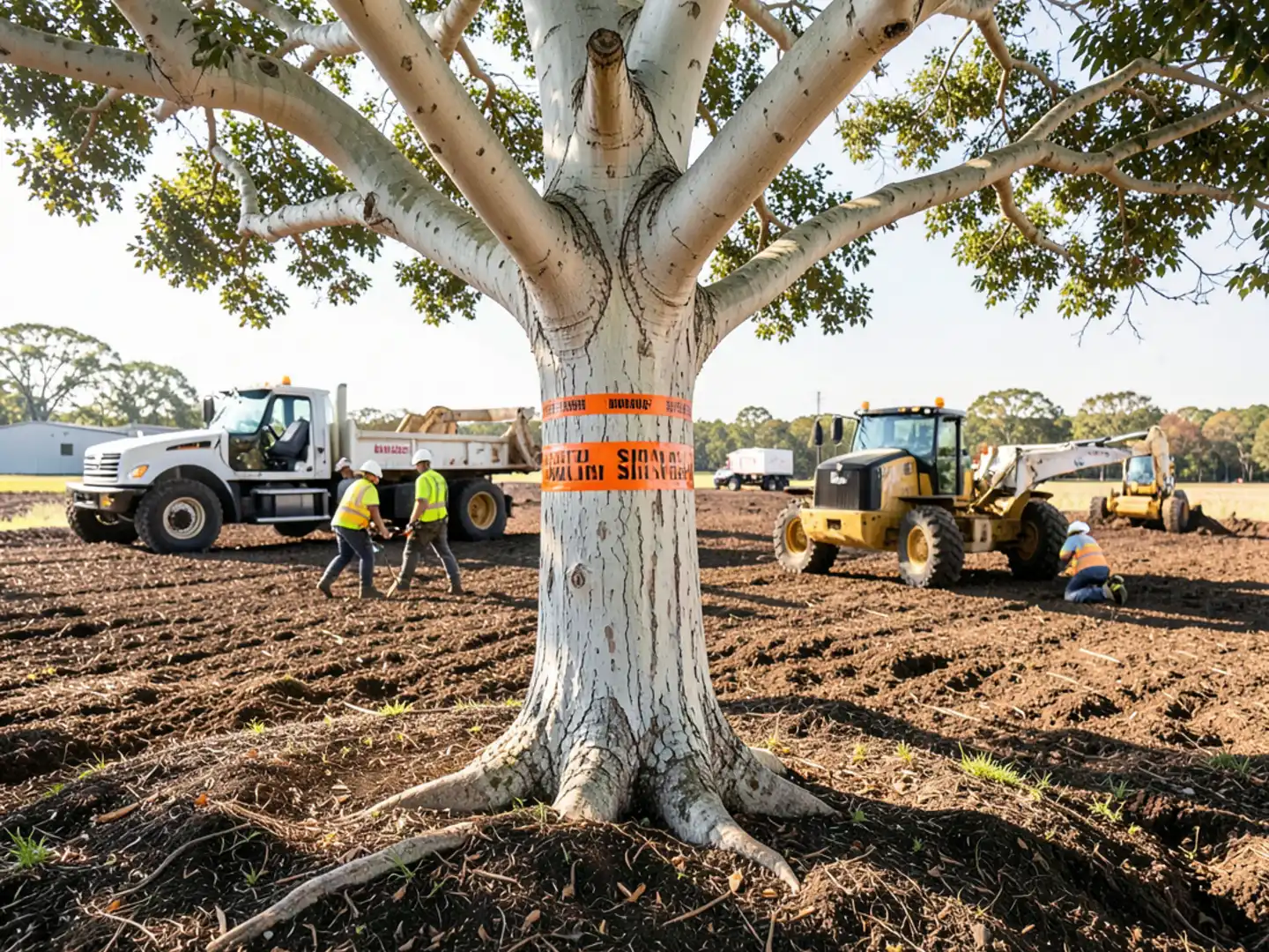 Tracked excavator grubbing out heavy tree root balls in residential foundation pad