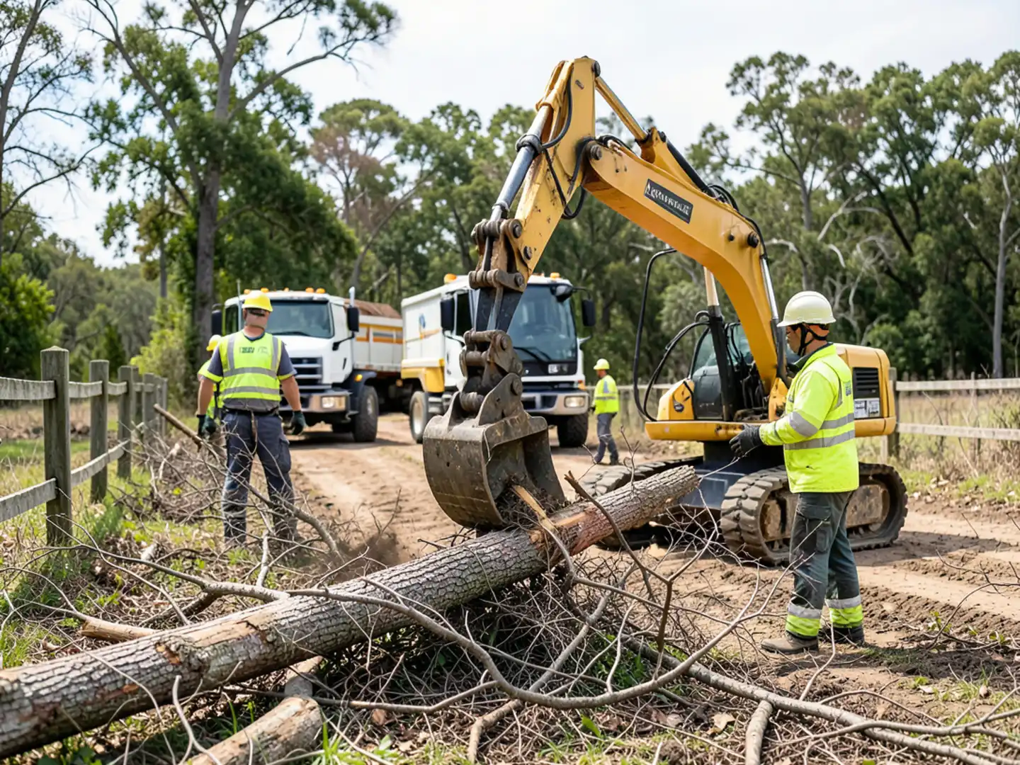 Compact track loader clearing overgrown briars and scrub along rural fence boundary