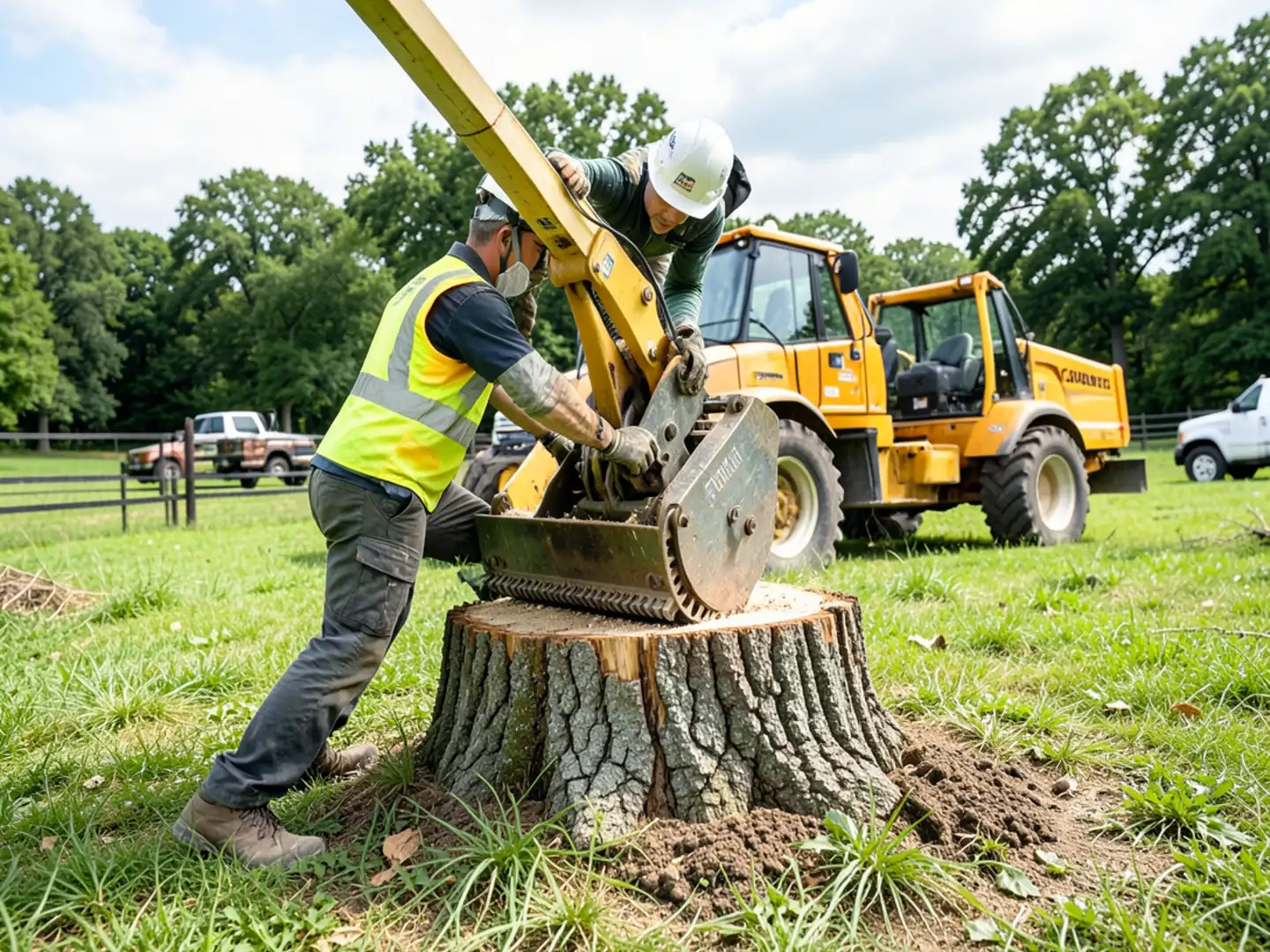 Tree service crew pruning overhanging branches near wooded public recreational trail