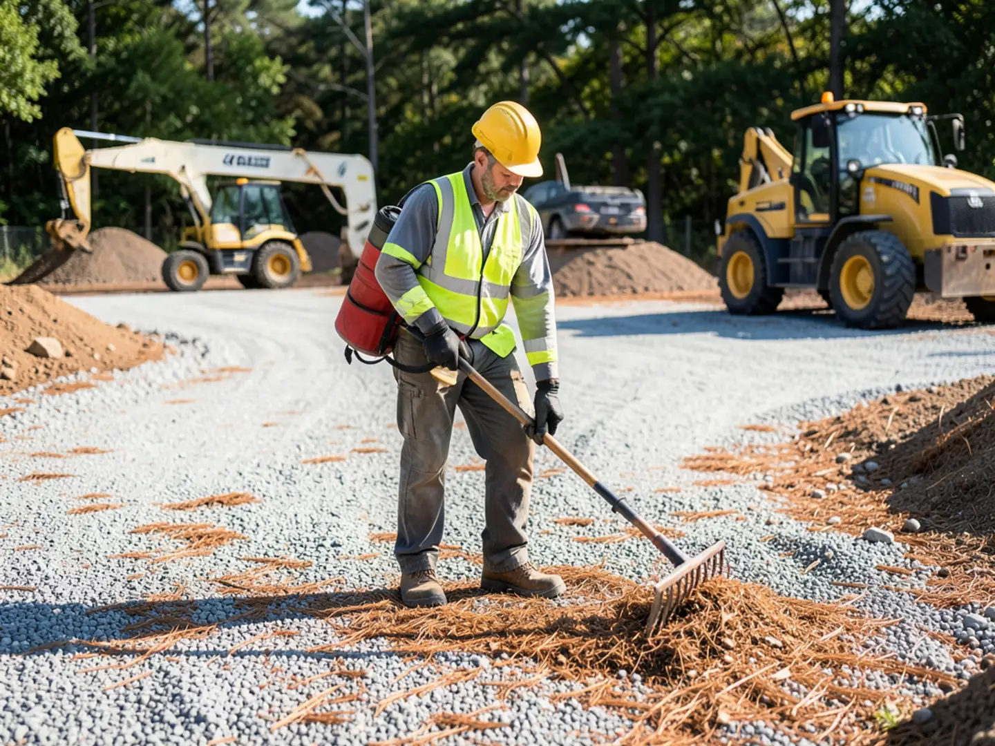 Tree service bucket truck pruning landscape buffer trees along highway in Fayetteville