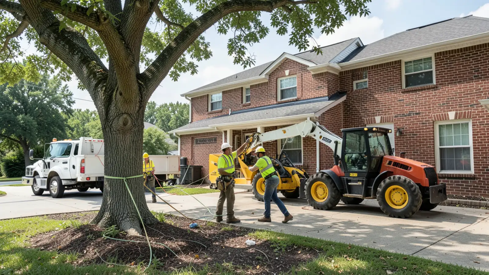 Tree crew pruning mature oak canopies in established Fayetteville GA neighborhood