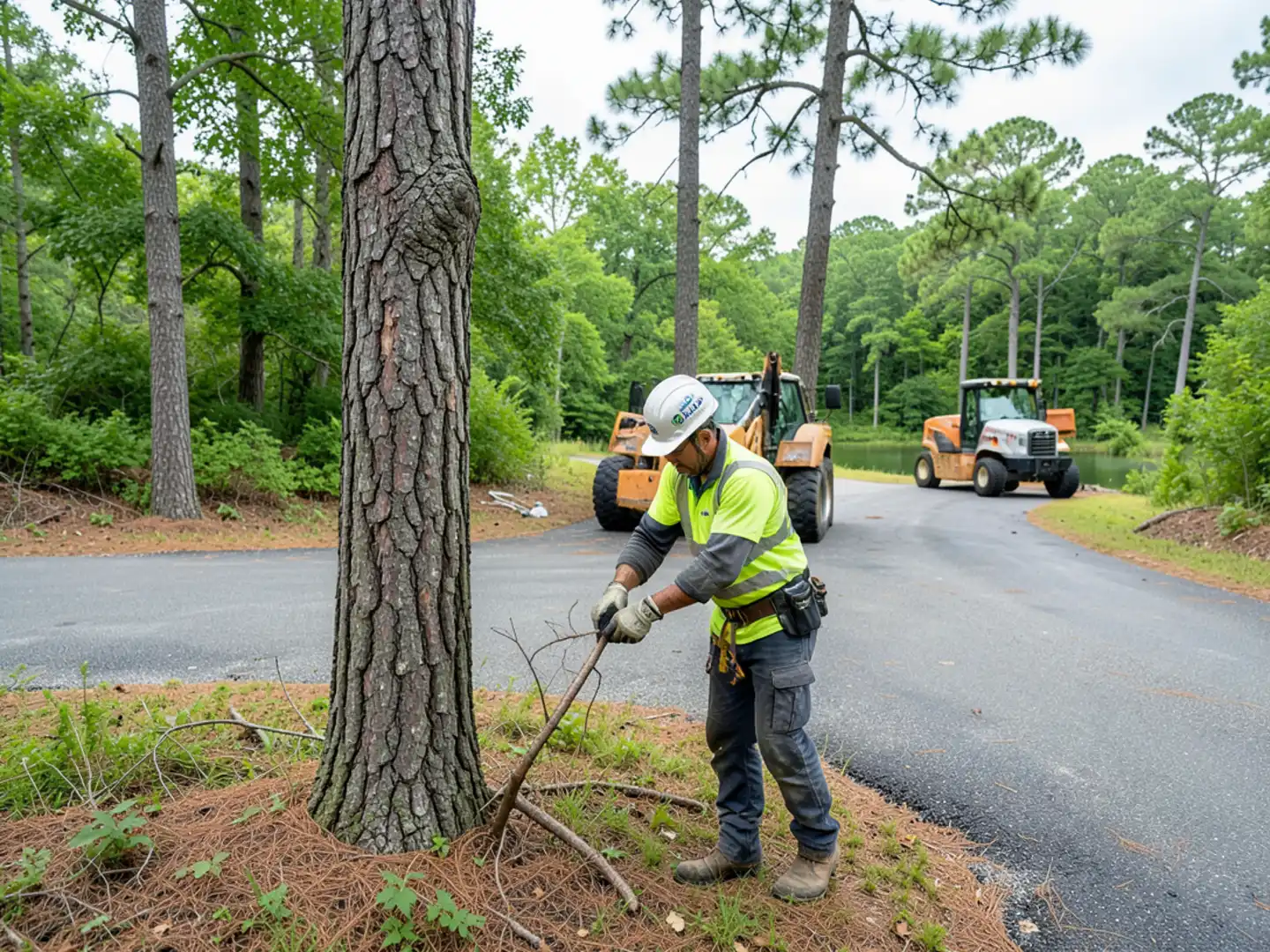 Tree technician in lift elevating tree branches over Peachtree City golf-cart path