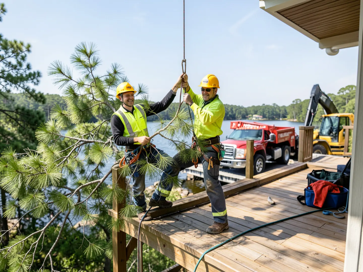 Tree specialists inspecting a leaning loblolly pine on gentle slope near Lake Peachtree