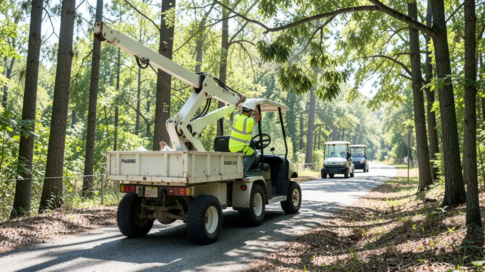 Tree removal crew operating compact rigging equipment beside a Peachtree City cart path