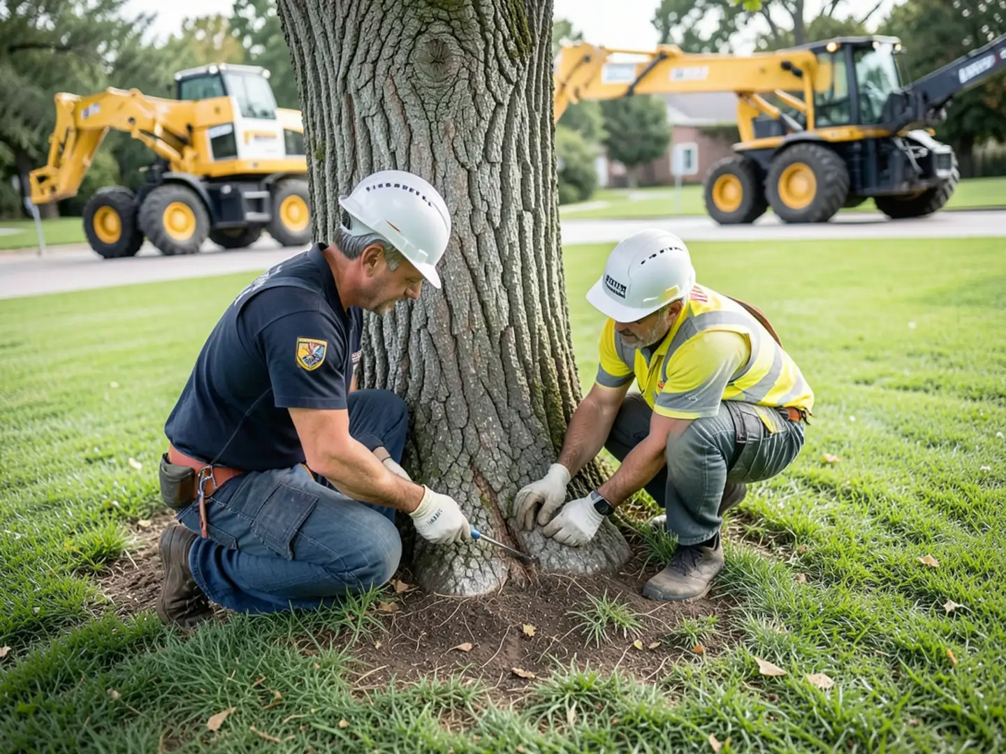 Climber deadwooding century-old pecan tree canopy in in-town historic Senoia