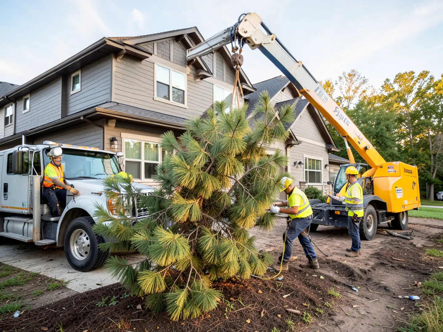 Crew dismantling tall pine tree close to newly constructed subdivision home in Senoia