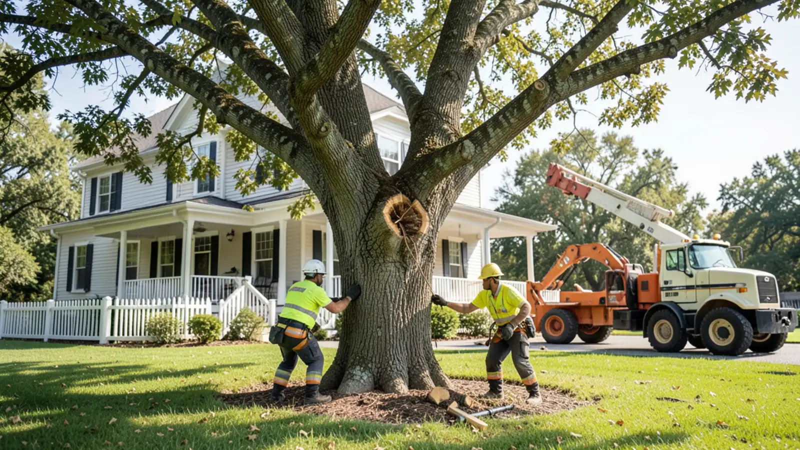 Tree climber sectioning hazardous oak limb high over historic Victorian home in Senoia