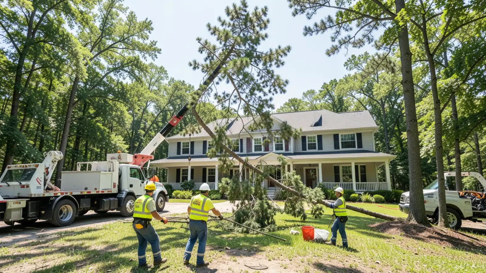 Crane dismantling tall pines on a heavily wooded residential acreage estate in Tyrone