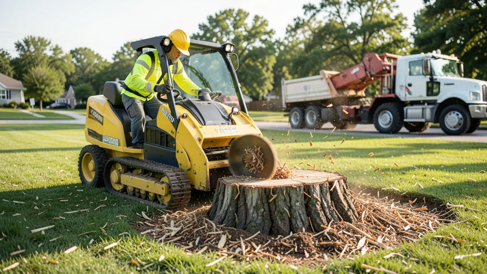Tracked commercial stump grinder cutting deep into oak stump in Newnan, GA lawn