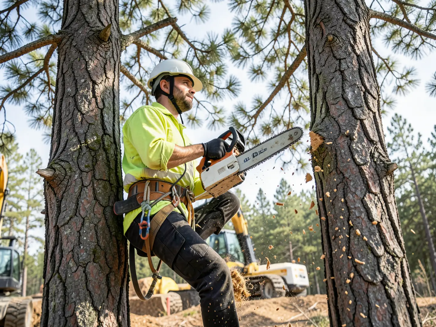 Tree climber making precise notch cut with lowering rope anchored to pine top