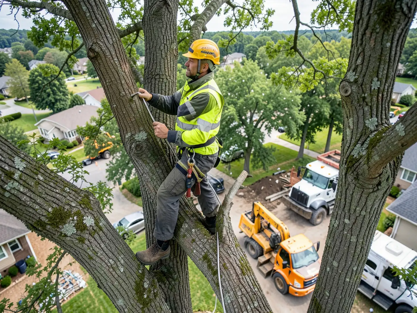 Tree branches pruned back 10 feet from residential roof shingles and gutters